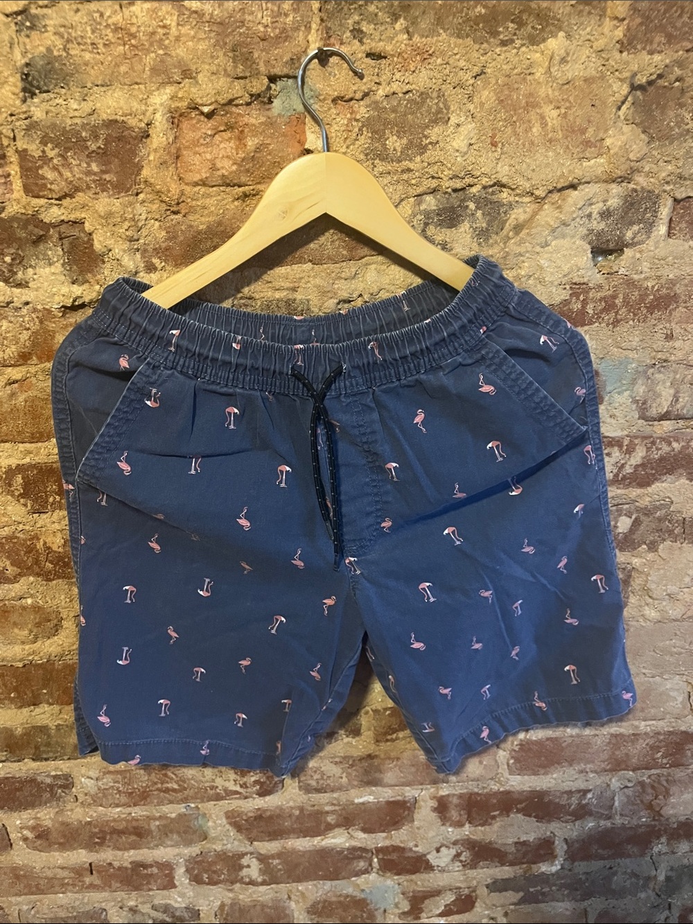 George Navy Blue Men’s Shorts with Pink Flamingo Embroidery